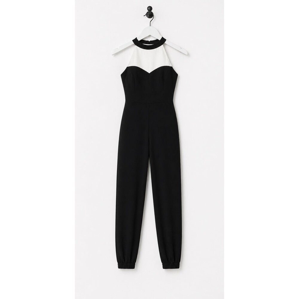 New Guess Tuxedo Halter Jumpsuit Size 2 Black Ivory Crepe - Picture 2 of 7